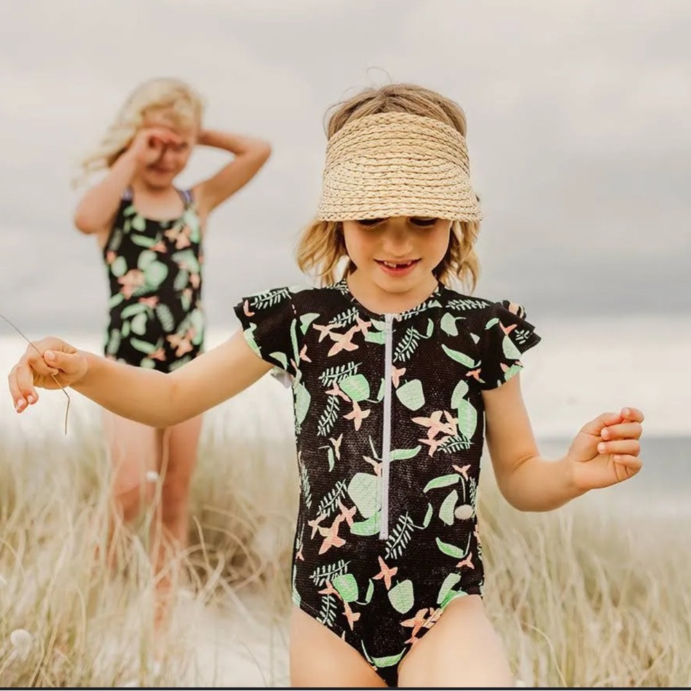 Snapper Rock Rainforest Short Sleeve Surf Suit, Neon. UPF 50 Fabric.